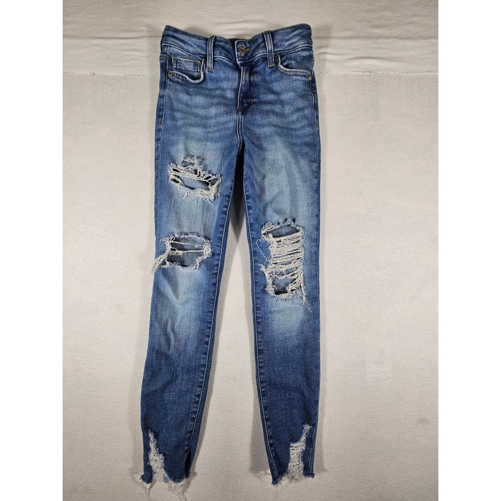 GUESS‎ Los Angeles Distressed Skinny Jeans Medium Wash Ripped Raw Hem 25 Q40A46